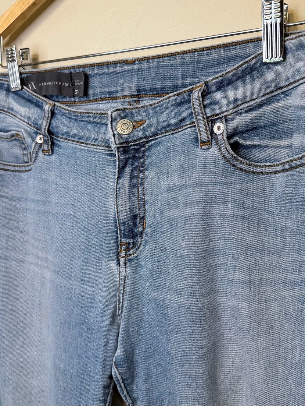 Armani Exchange | Mid-Rise Light Wash Factory Faded Denim Designer Skinny Jeans - Picture 7 of 16